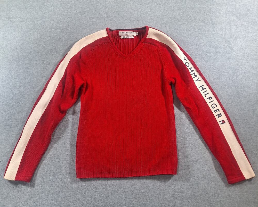 Tommy Hilfiger Women's Red V-Neck Sweater Raised Spellout Logo Sleeve L